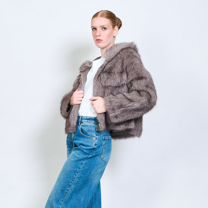 Short eco fur jacket with hoodie wholesale