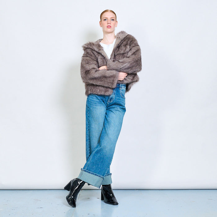 Short eco fur jacket with hoodie wholesale
