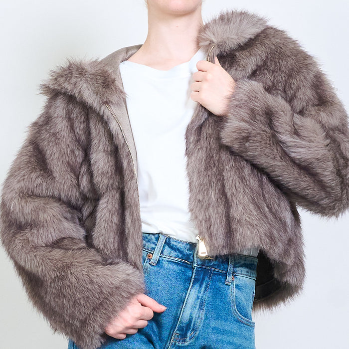 Short eco fur jacket with hoodie wholesale