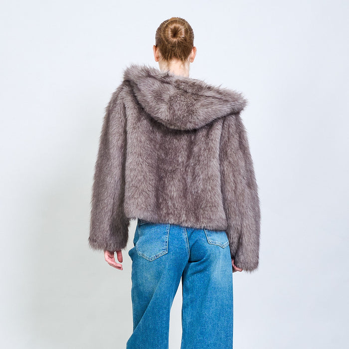 Short eco fur jacket with hoodie wholesale