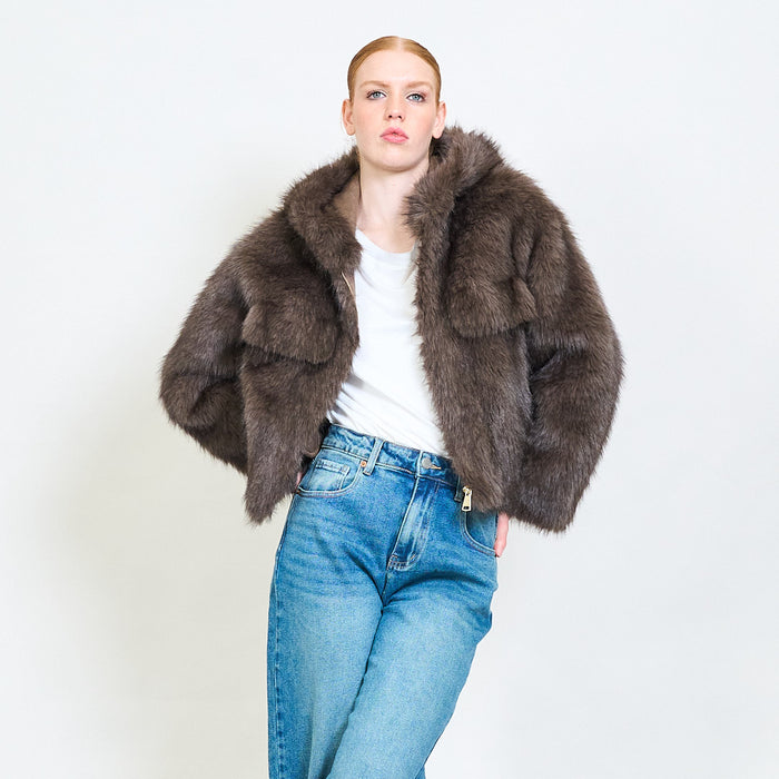 Short eco fur jacket with hoodie wholesale