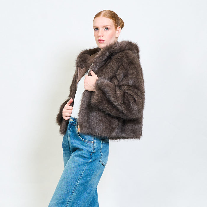 Short eco fur jacket with hoodie wholesale