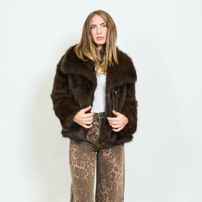 Short faux fur coat with oversized lapel collar wholesale