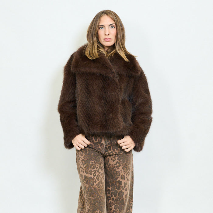 Short faux fur jacket with wide lapel collar wholesale