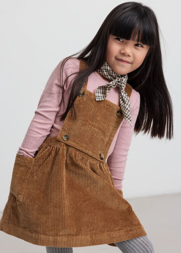 Girl wearing brown velvet strap dress and pink blouse