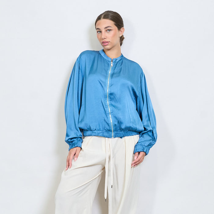 Silky bomber-style zip-up blouse with gathered hem wholesale