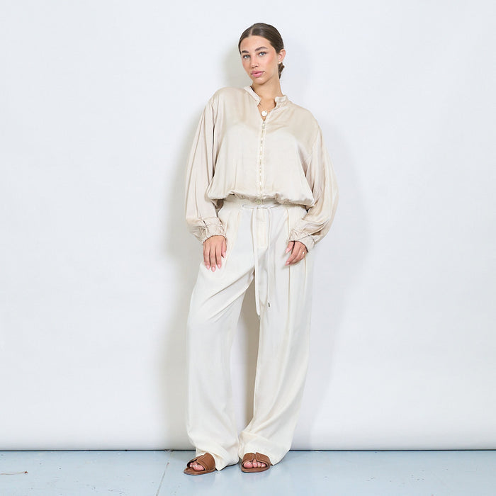 Silky bomber-style zip-up blouse with gathered hem wholesale