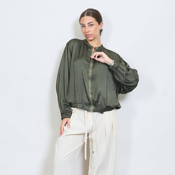 Silky bomber-style zip-up blouse with gathered hem wholesale