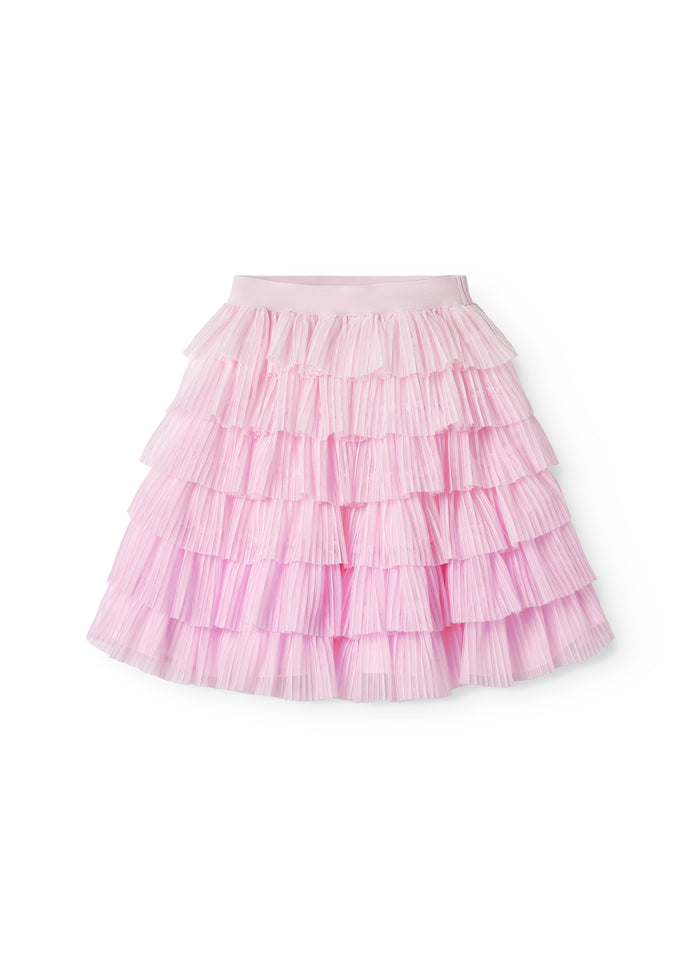 Red lower part for children in light, pleated tyl with multiple layers.