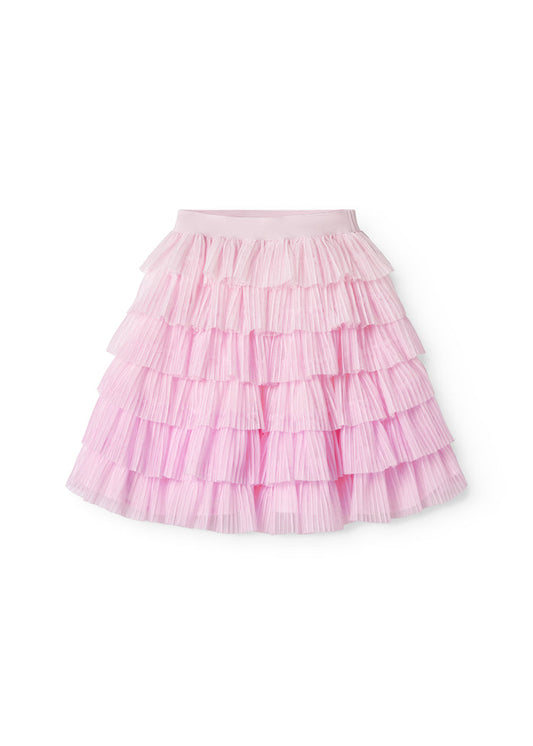 Red lower part for children in light, pleated tyl with multiple layers.