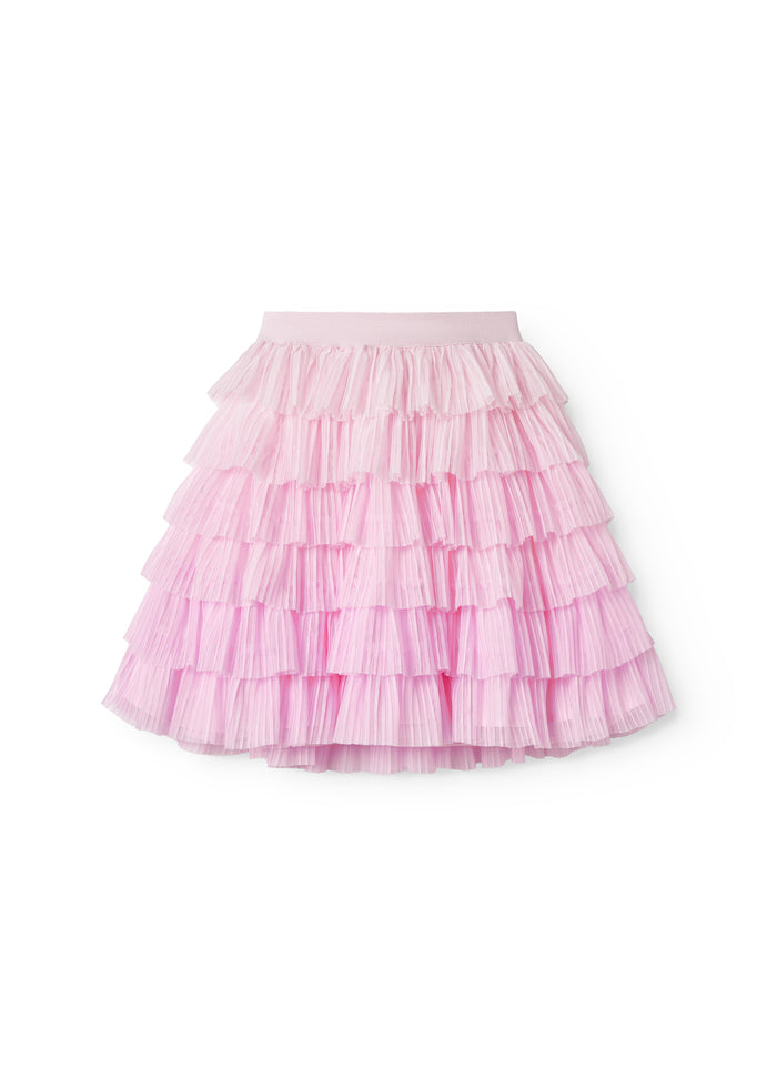 Red lower part for children in light, pleated tyl with multiple layers.