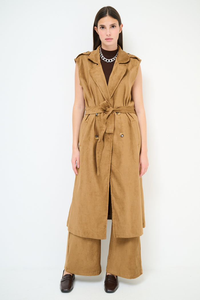 Sleeveless belted trench style midi vest dress wholesale