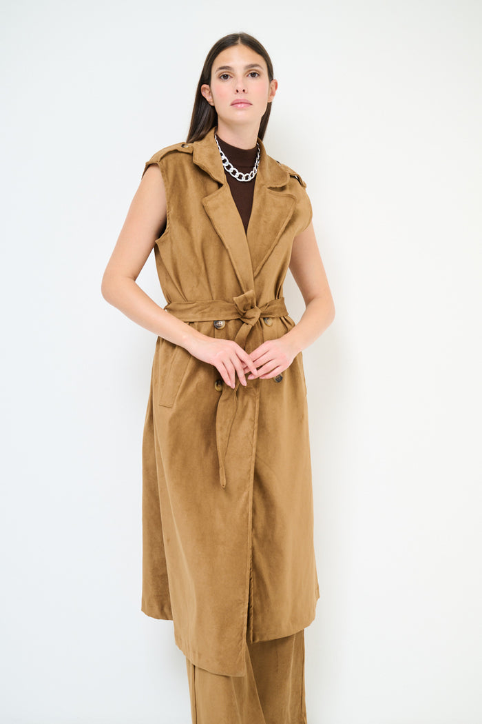 Sleeveless belted trench style midi vest dress wholesale
