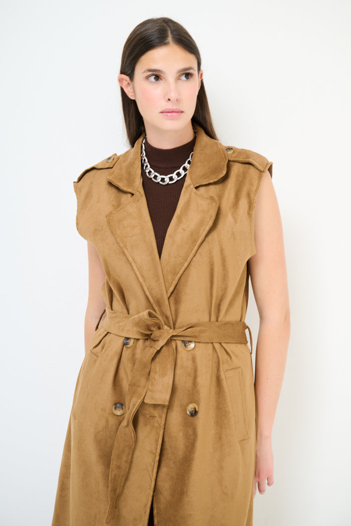 Sleeveless belted trench style midi vest dress wholesale