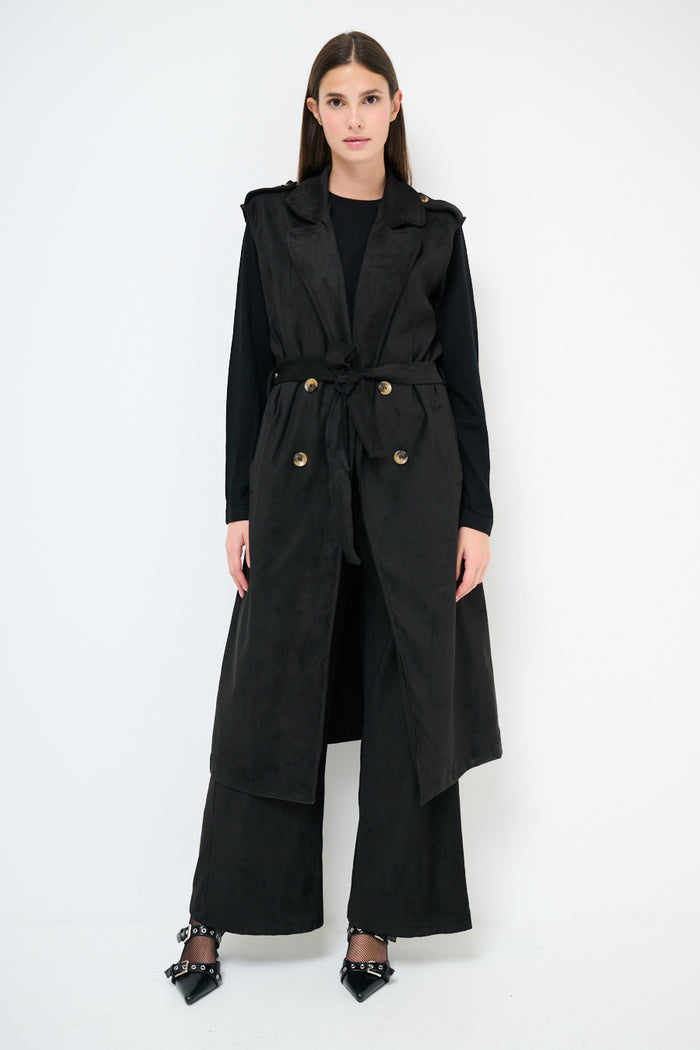 Sleeveless belted trench style midi vest dress wholesale