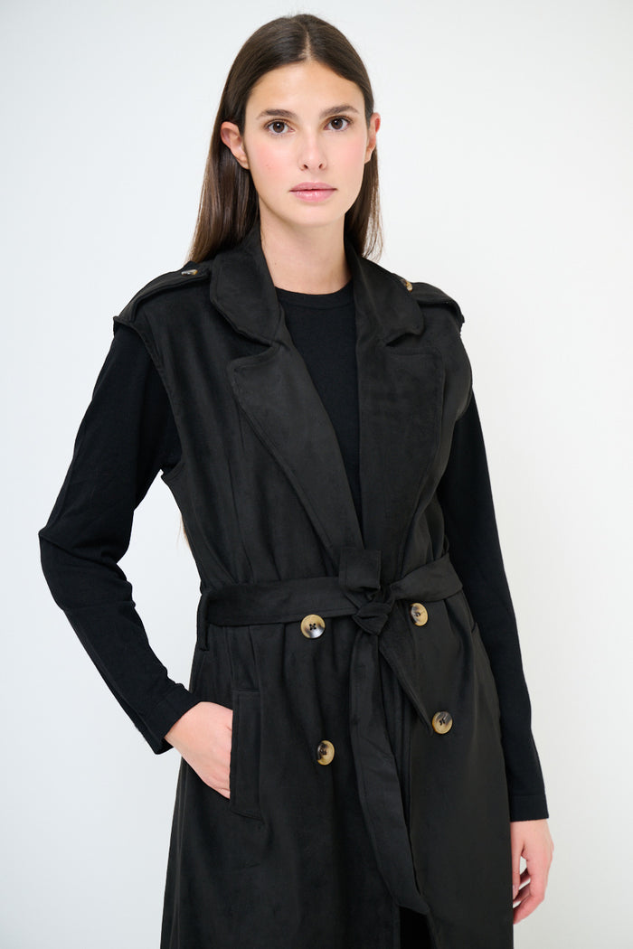 Sleeveless belted trench style midi vest dress wholesale