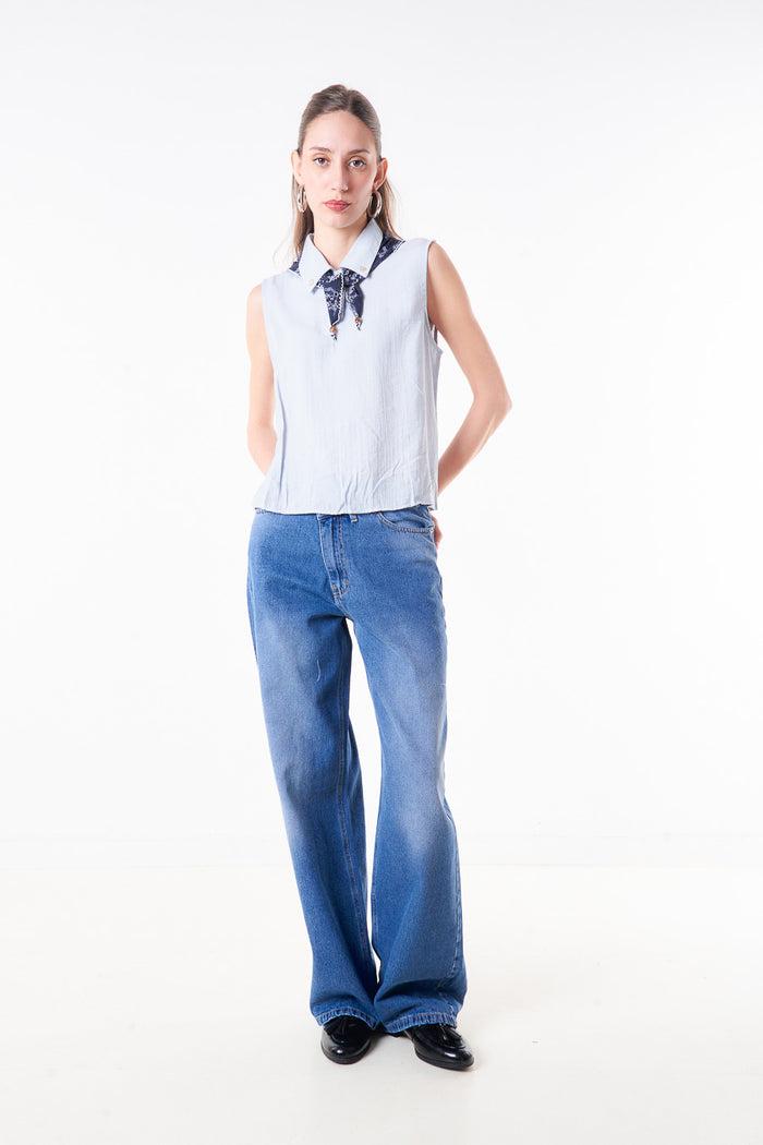 Sleeveless button collar blouse with printed scarf neck tie detail wholesale