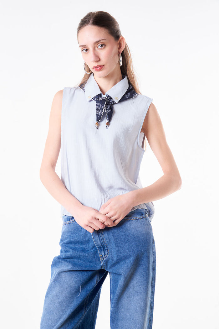 Sleeveless button collar blouse with printed scarf neck tie detail wholesale
