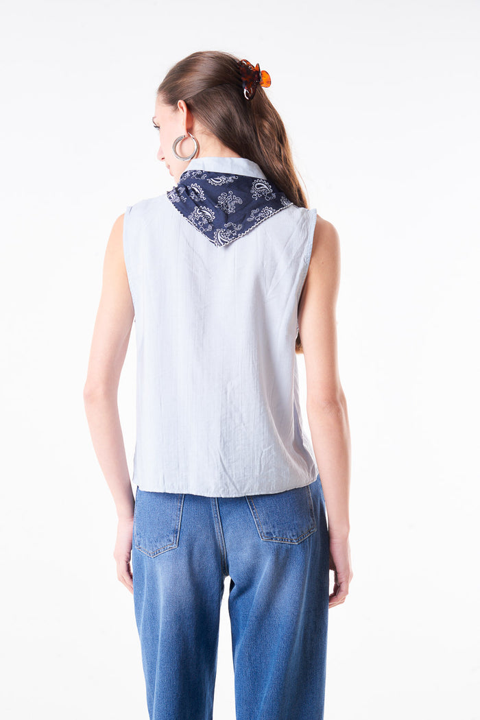 Sleeveless button collar blouse with printed scarf neck tie detail wholesale