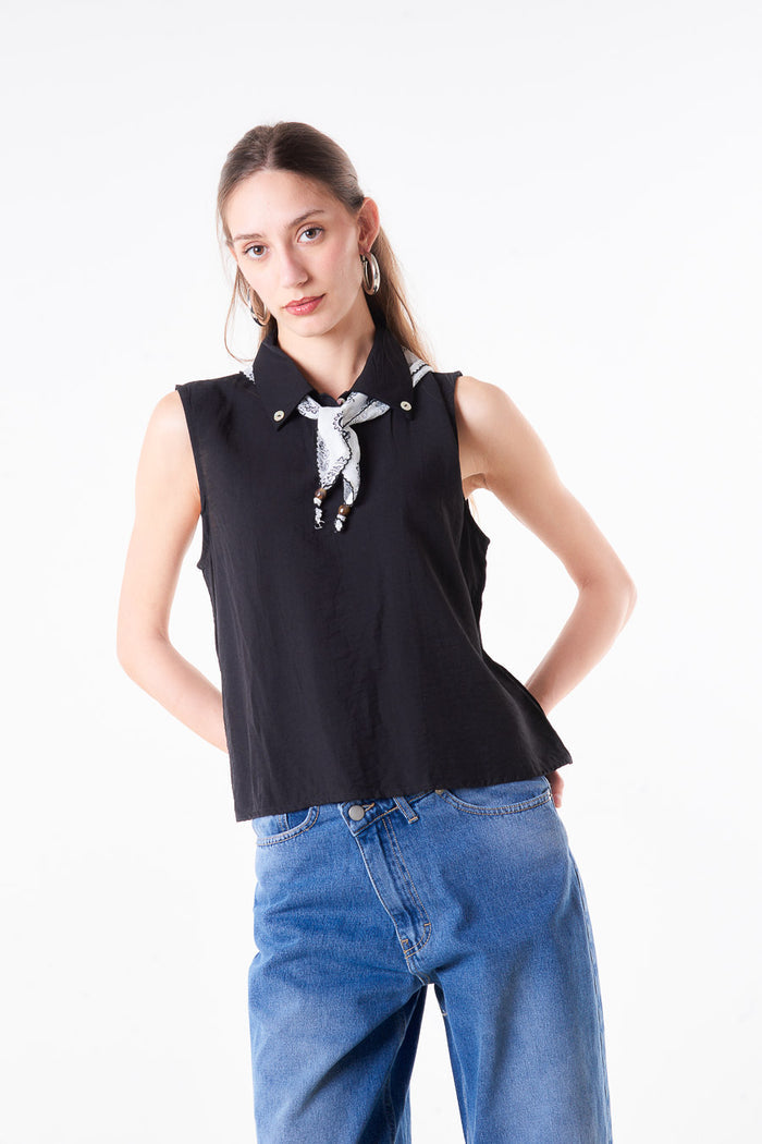 Sleeveless button collar blouse with printed scarf neck tie detail wholesale