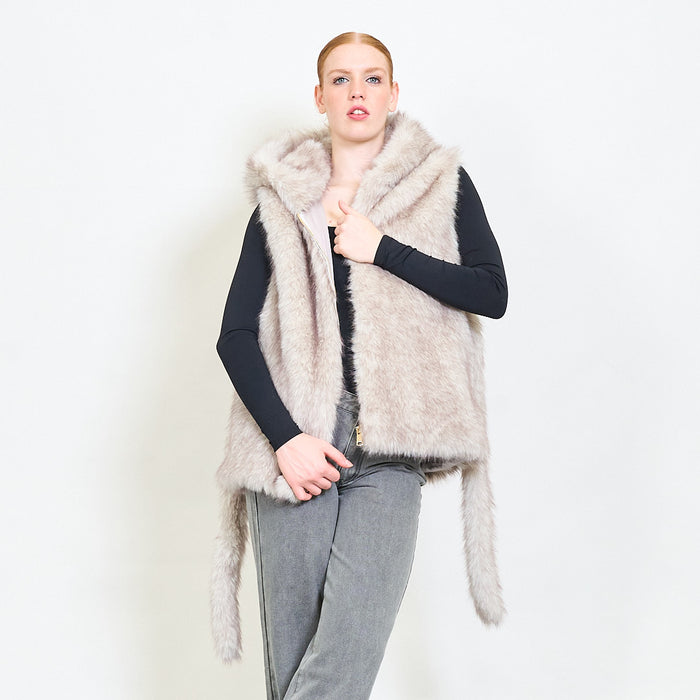 Sleeveless long eco fur belted vest wholesale