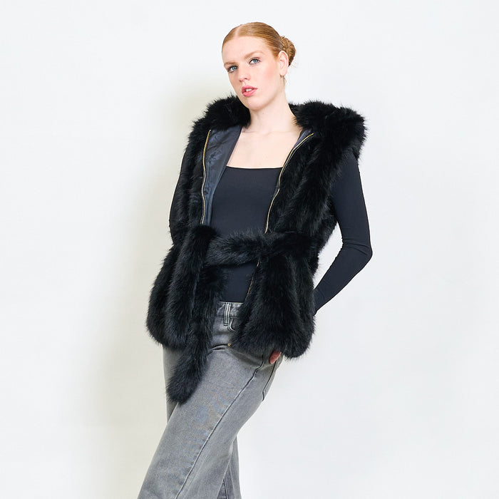 Sleeveless long eco fur belted vest wholesale
