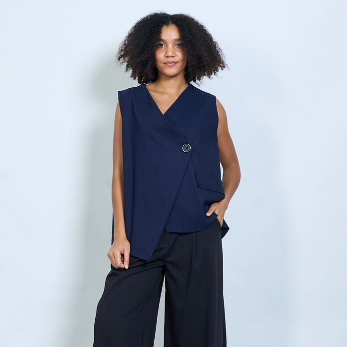 Sleeveless wrap vest top with button detail wholesale