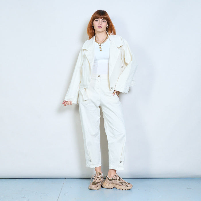 Slim ankle detail straight leg trousers with elastic back waistband wholesale