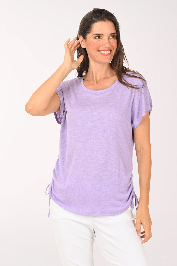 Slub Knit Side Shirred Crewneck Top