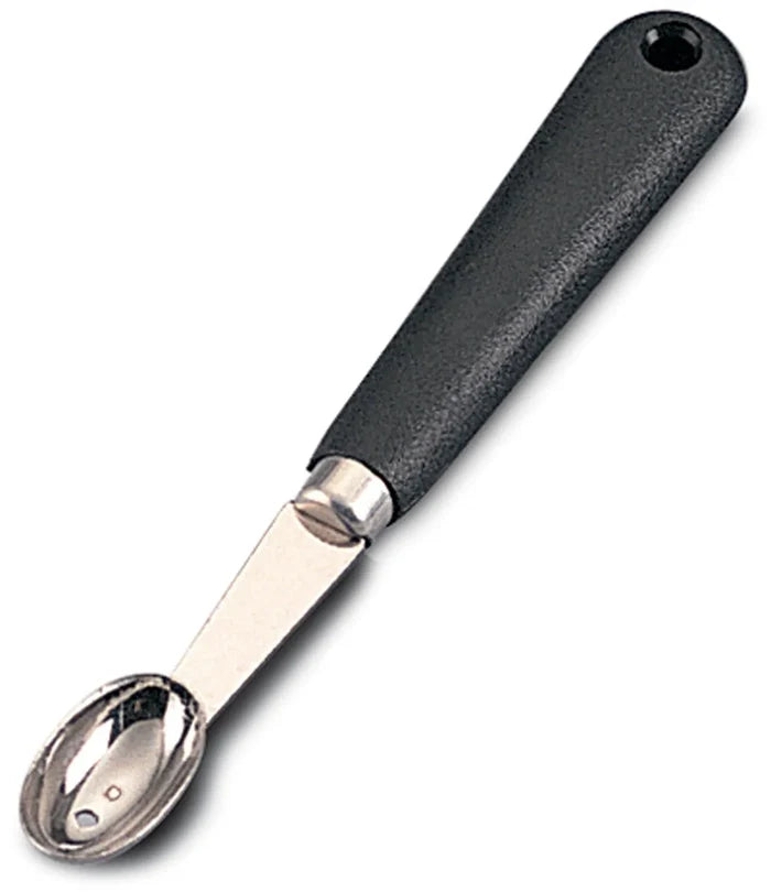 A stainless steel oval vegetable scoop with black plastic handle.