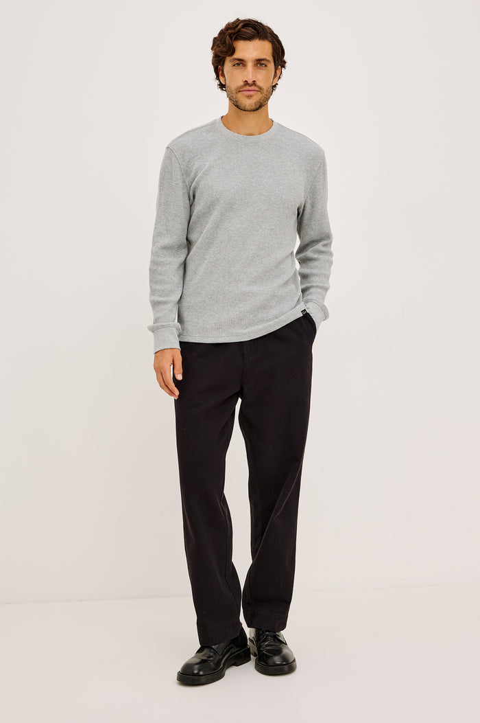 Smith Thermal in Micro-Waflle Cotton Knit With Ribbed Crew Neckline and Cuffs, and Long Sleeves in Heather Grey Colorway - Full Body Front View Featured on Model