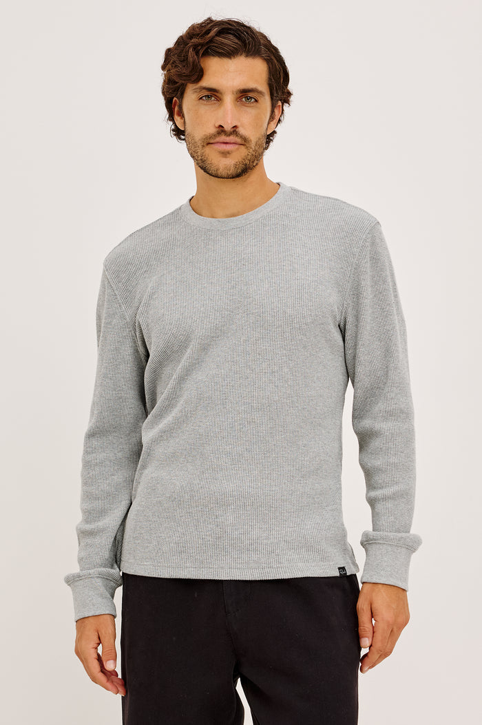 Smith Thermal in Micro-Waflle Cotton Knit With Ribbed Crew Neckline and Cuffs, and Long Sleeves in Heather Grey Colorway - Upper Body Front View Featured on Model