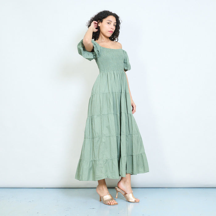 Smocked bodice puff sleeve maxi dress wholesale