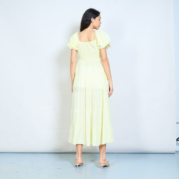 Smocked bodice puff sleeve tiered maxi dress wholesale