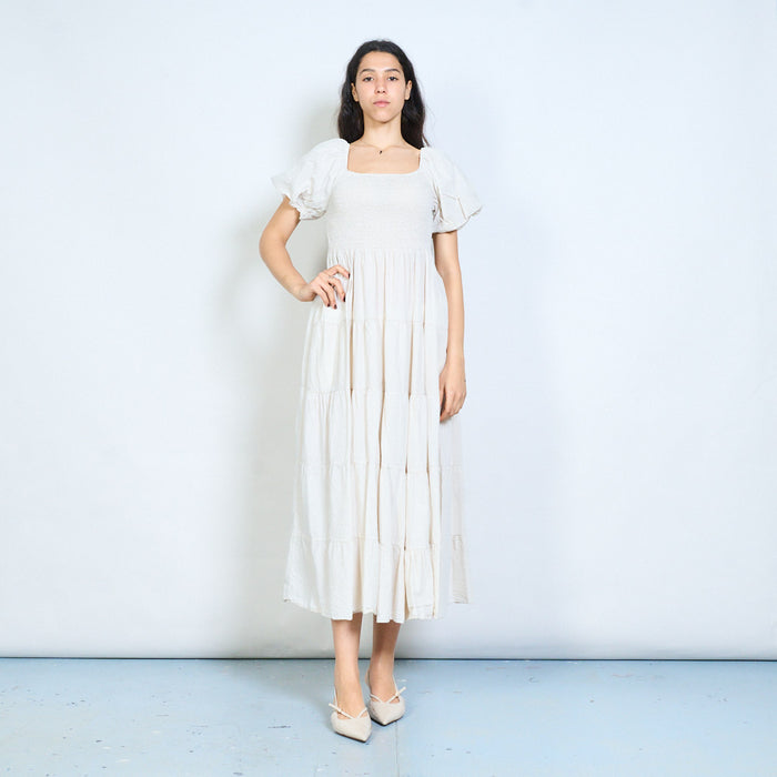 Smocked bodice puff sleeve tiered maxi dress wholesale