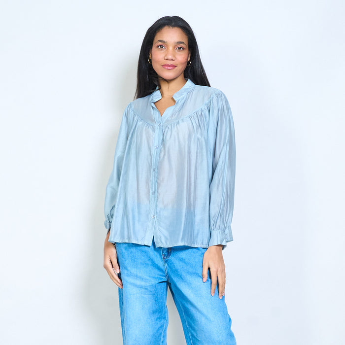 Soft drape sheer button front blouse wholesale