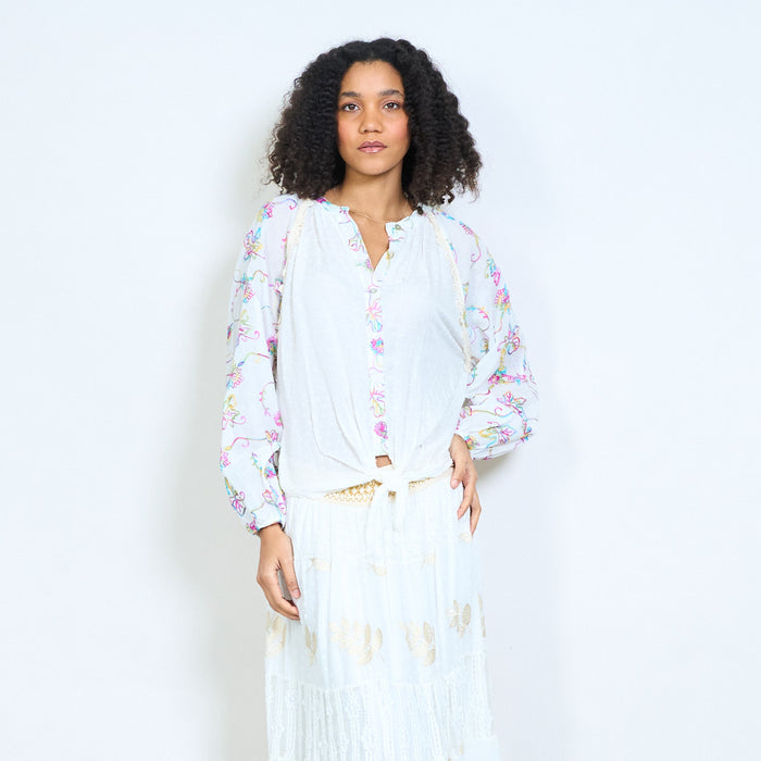 Soft floral vine print button blouse wholesale