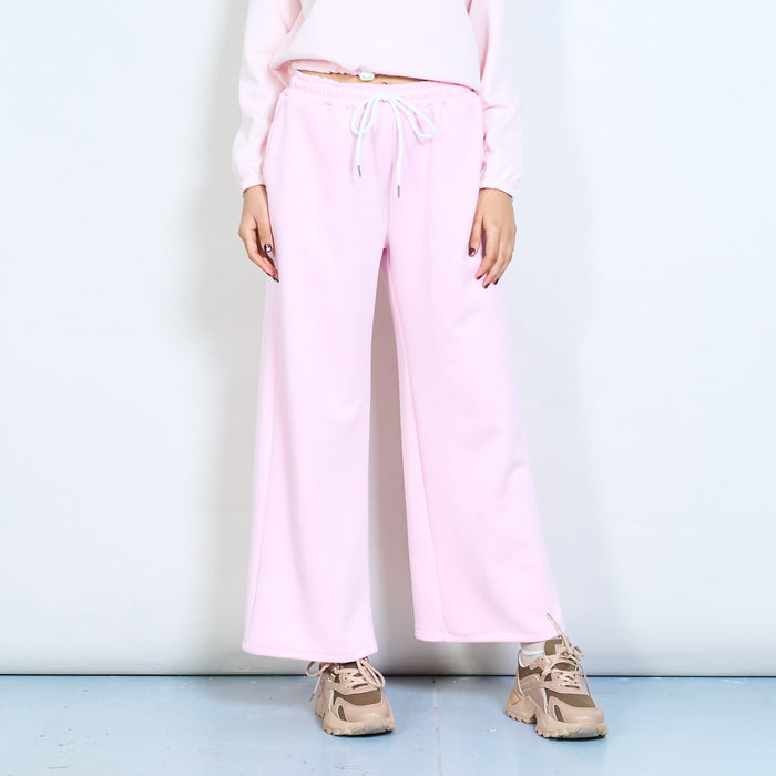 Solid wide leg elastic waist drawstring trousers wholesale