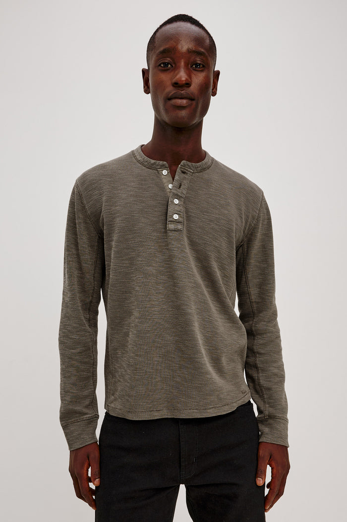 Soto Henley in Cotton French Rib Blend With 4-Button Placket, Tonal Seam Detailing, and Long Sleeves in Crossroad Colorway - Upper Body Back View Featured on Model