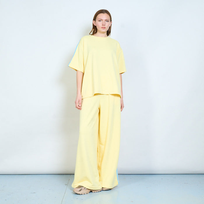 Sporty wide leg jersey trousers with contrast side stripes wholesale
