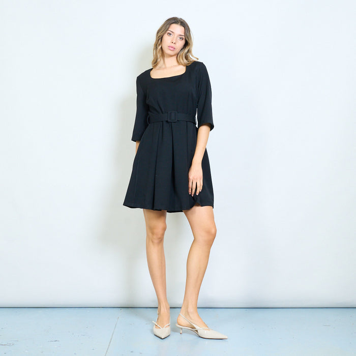 Square neckline belted short sleeve mini dress wholesale