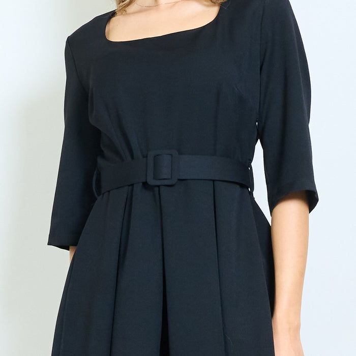 Square neckline belted short sleeve mini dress wholesale
