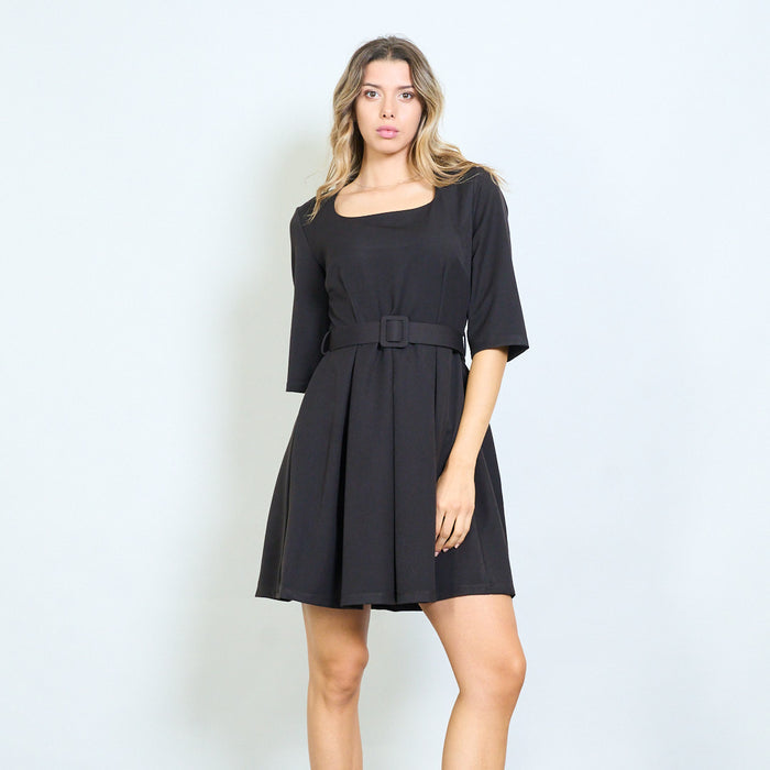 Square neckline belted short sleeve mini dress wholesale