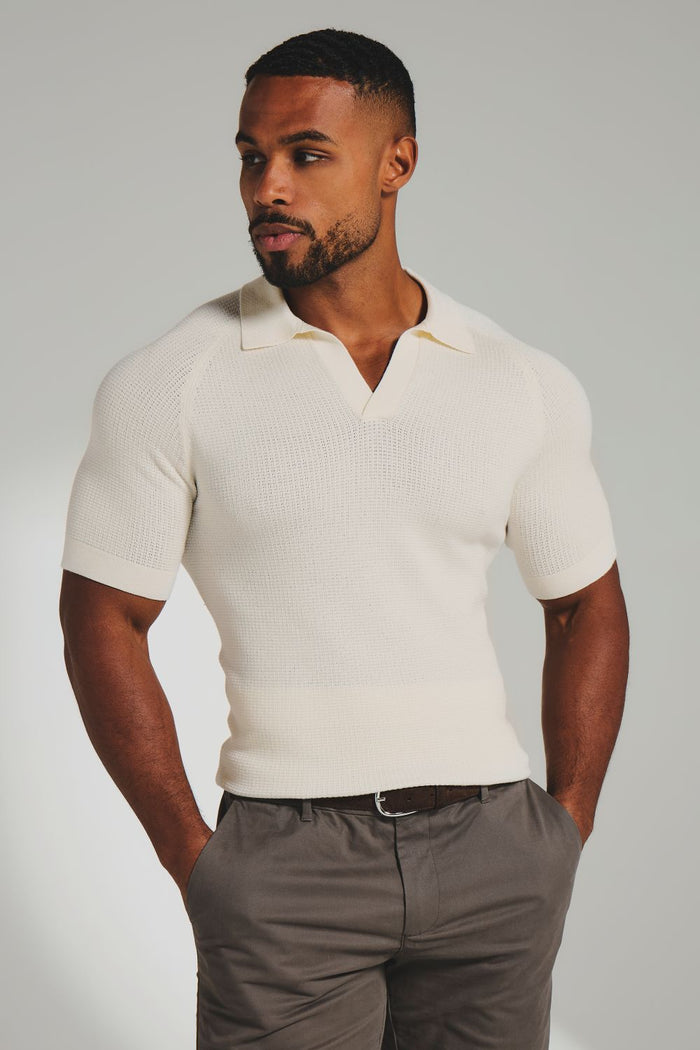 Square Textured Knitted Open Collar Polo Shirt in Ecru - TAILORED ATHLETE - USA