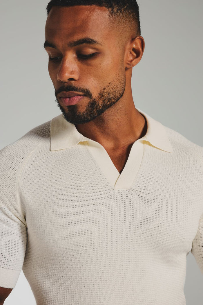 Square Textured Knitted Open Collar Polo Shirt in Ecru - TAILORED ATHLETE - USA
