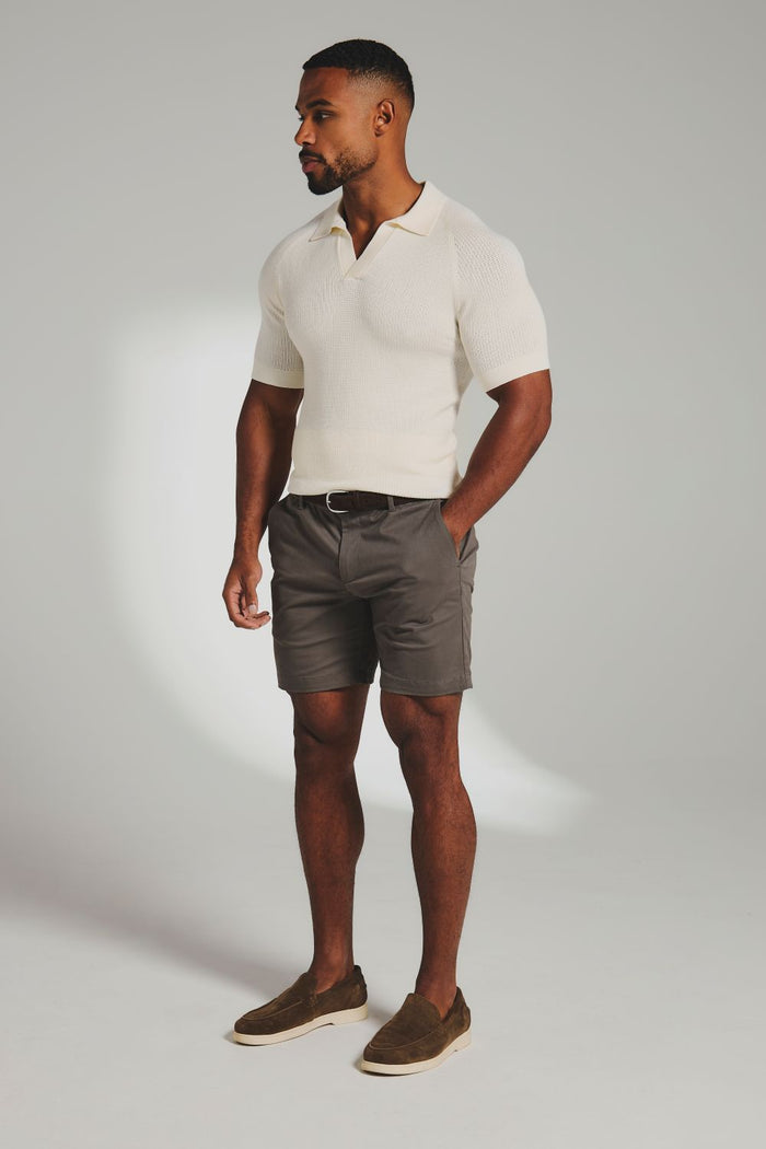 Square Textured Knitted Open Collar Polo Shirt in Ecru - TAILORED ATHLETE - USA