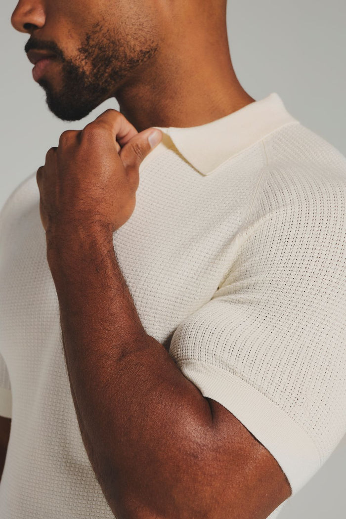 Square Textured Knitted Open Collar Polo Shirt in Ecru - TAILORED ATHLETE - USA