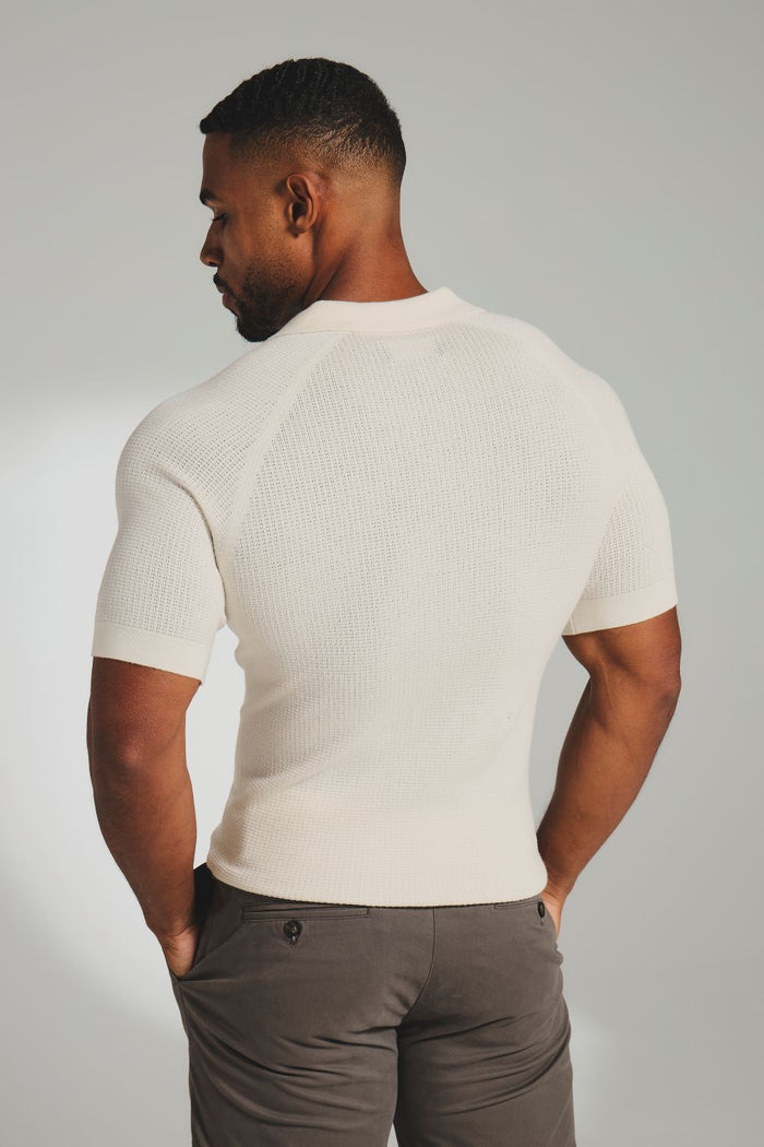 Square Textured Knitted Open Collar Polo Shirt in Ecru - TAILORED ATHLETE - USA