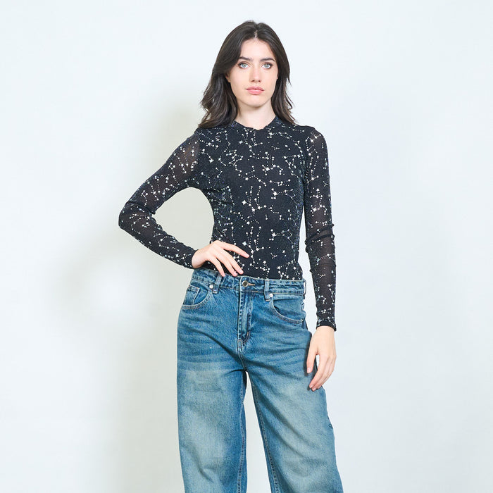 Star constellation sheer fitted long sleeve bodysuit top wholesale