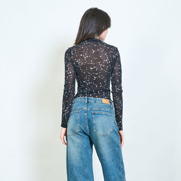 Star constellation sheer fitted long sleeve bodysuit top wholesale